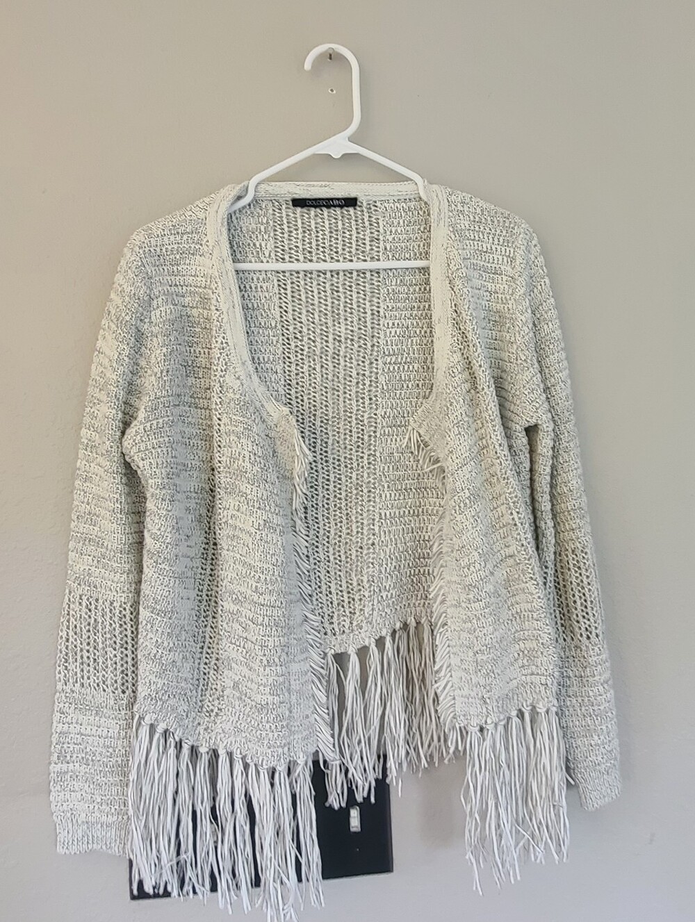 Open-Front Fringe Knit Sweater Cardigan - Cream